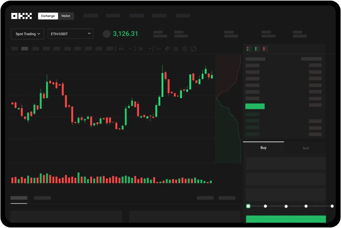 OKB交易所提供多种专业工具，包括K线图和订单簿